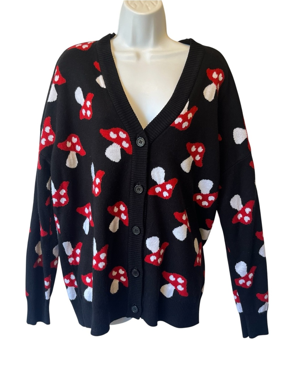 Thorn & Fable cardigan sweater L Black Whimsigoth Mushroom V-neck Button Womens